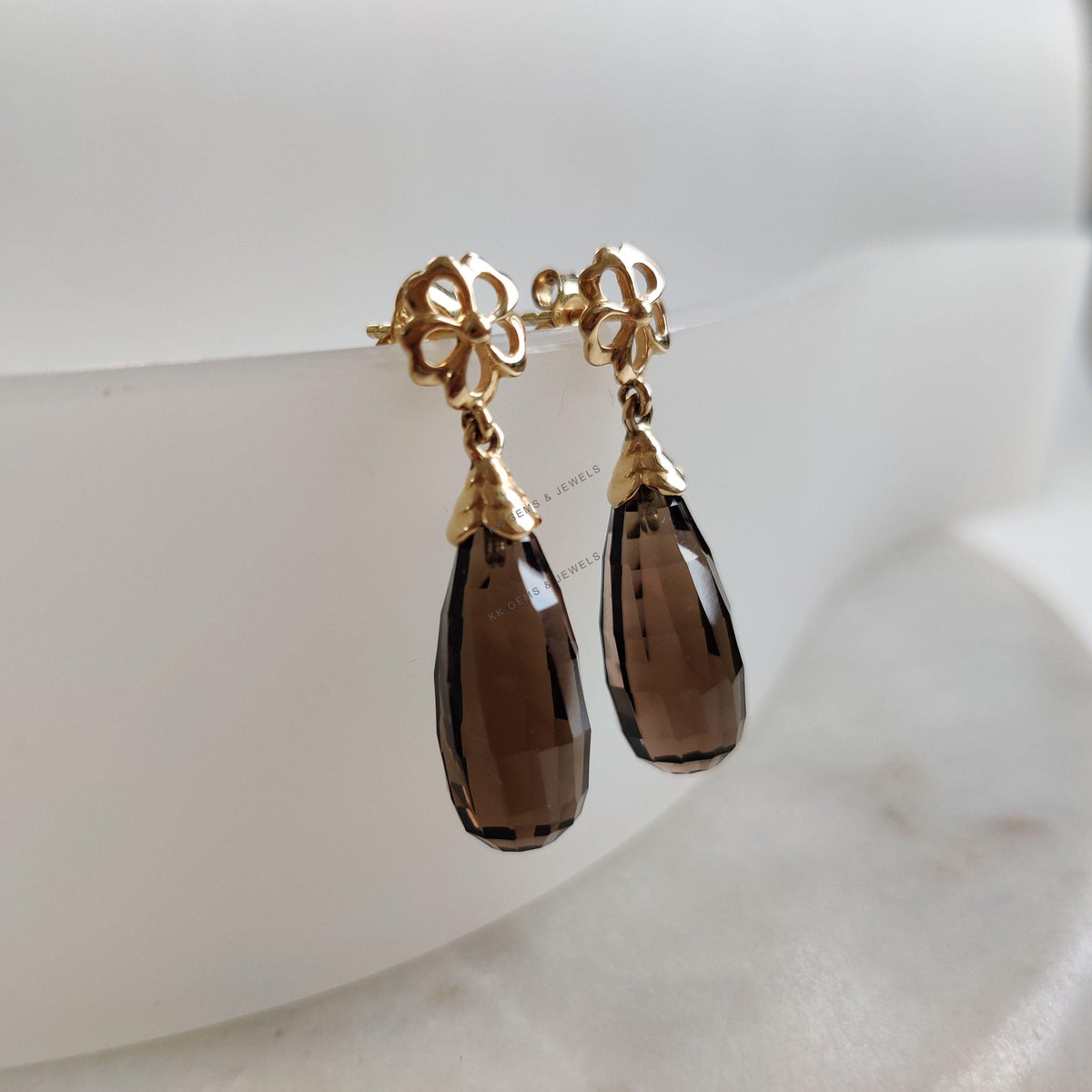 14K Solid Yellow Gold Natural Smoky Quartz Drop Earrings, June Birthstone