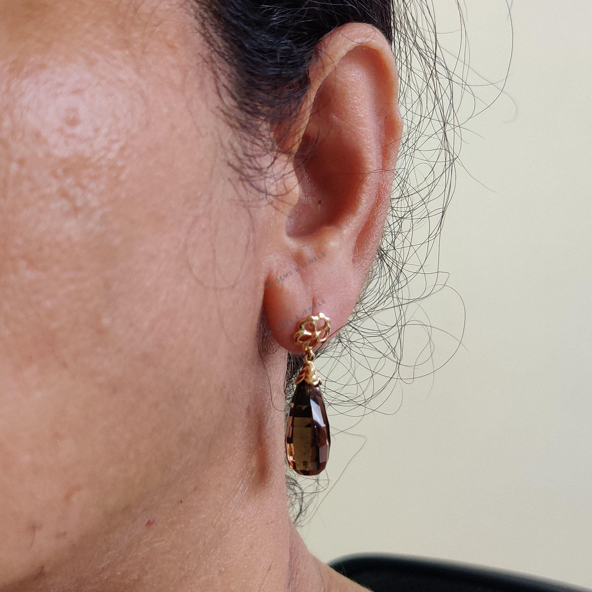 14K Solid Yellow Gold Natural Smoky Quartz Drop Earrings, June Birthstone