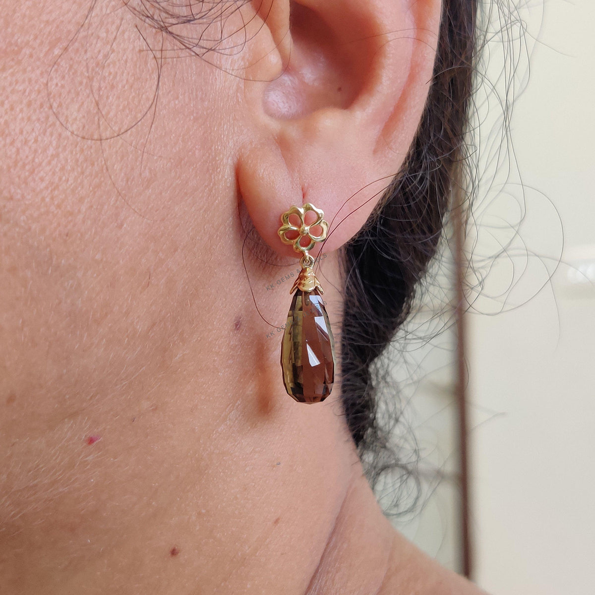 14K Solid Yellow Gold Natural Smoky Quartz Drop Earrings, June Birthstone