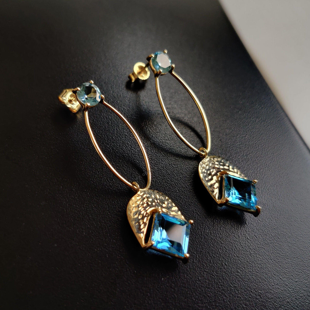 14K Solid Yellow Gold Natural Swiss Blue Topaz Stud Earrings, December Birthstone Danglers