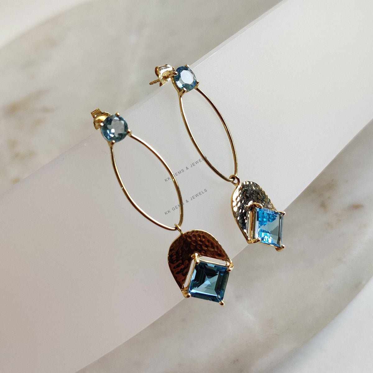 14K Solid Yellow Gold Natural Swiss Blue Topaz Stud Earrings, December Birthstone Danglers