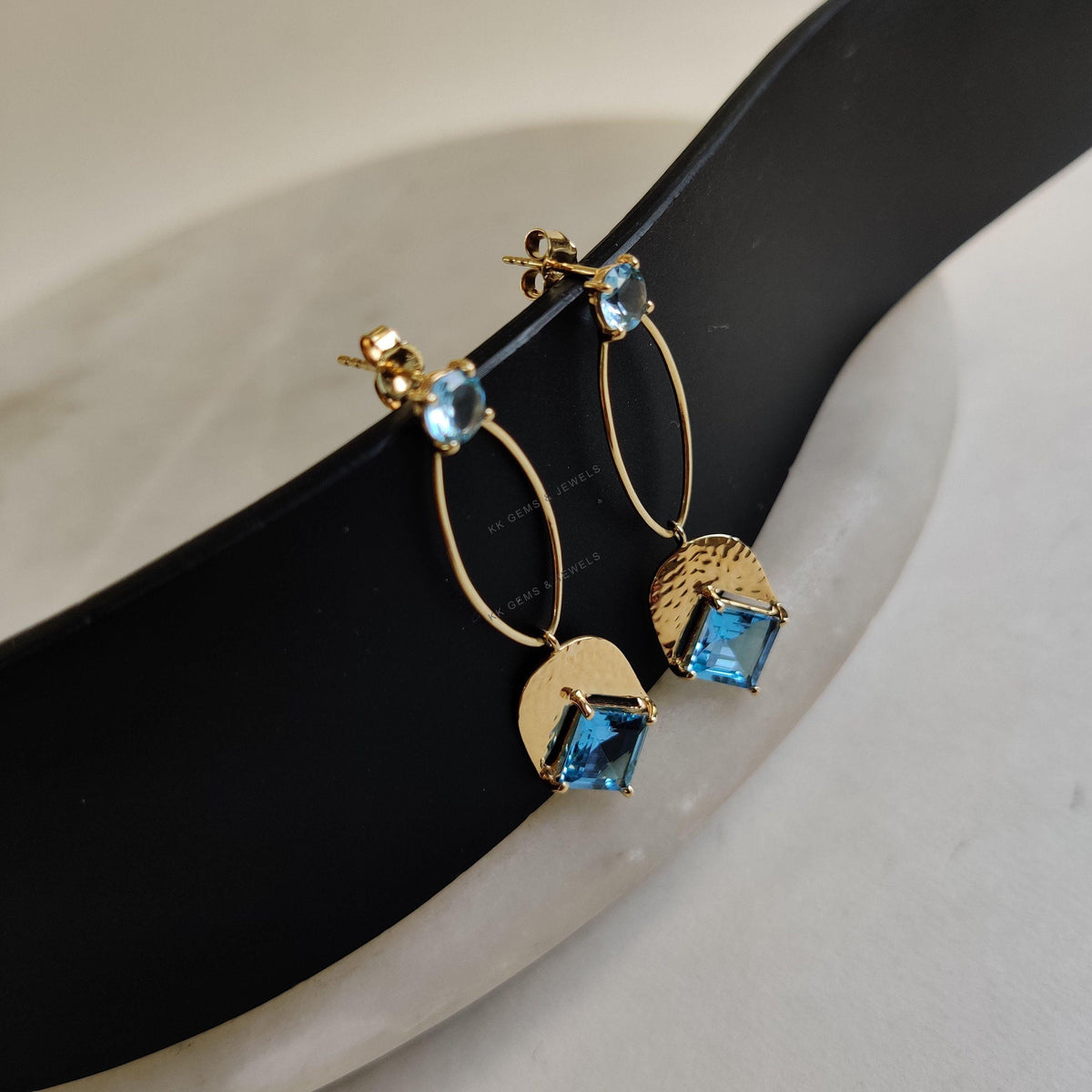 14K Solid Yellow Gold Natural Swiss Blue Topaz Stud Earrings, December Birthstone Danglers