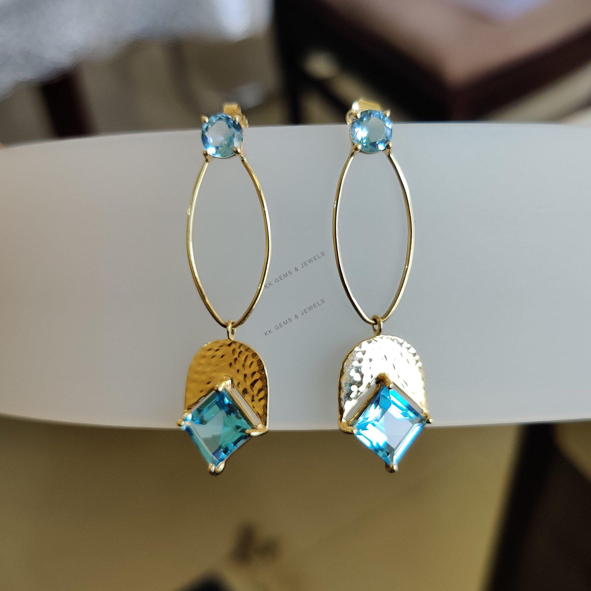14K Solid Yellow Gold Natural Swiss Blue Topaz Stud Earrings, December Birthstone Danglers