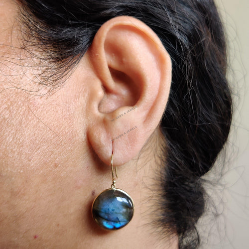 14K Solid Gold Natural Labradorite Earrings, Bezel Set, August Birthstone