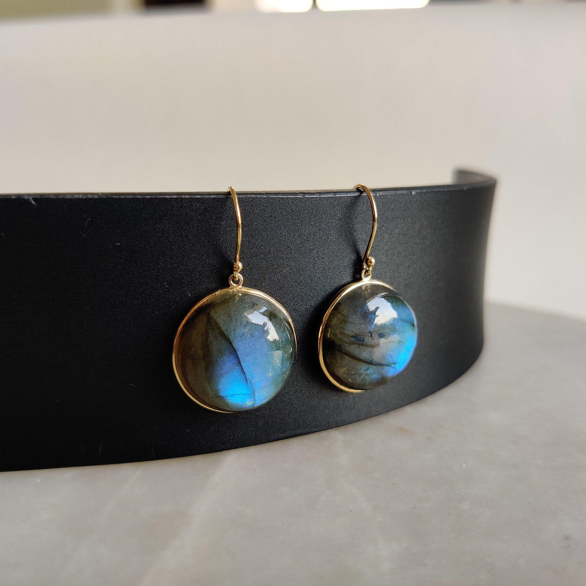14K Solid Gold Natural Labradorite Earrings, Bezel Set, August Birthstone