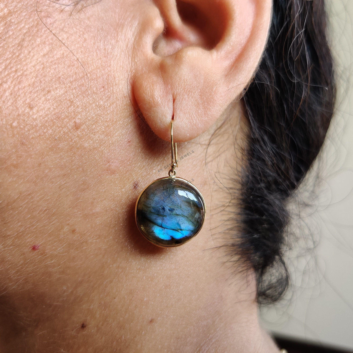 14K Solid Gold Natural Labradorite Earrings, Bezel Set, August Birthstone