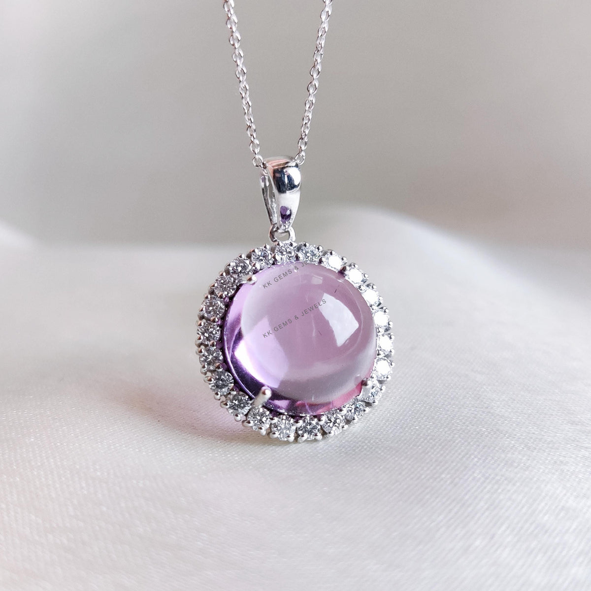 Natural Purple Amethyst and Lab Grown Diamond Halo Pendant, 14K Solid White Gold, February Birthstone