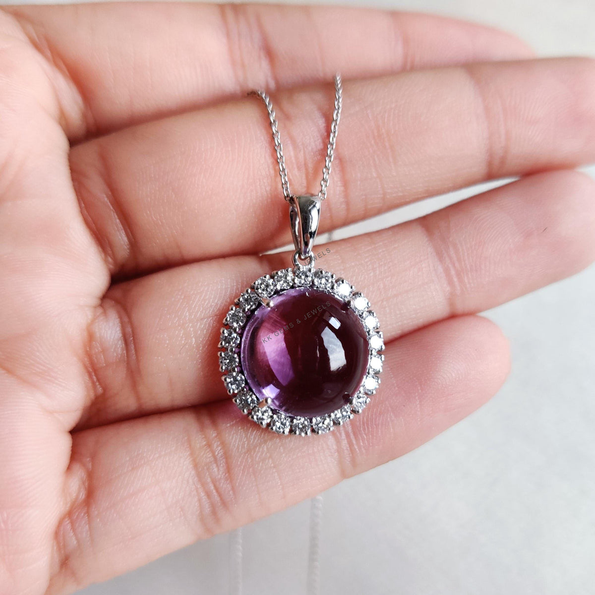 Natural Purple Amethyst and Lab Grown Diamond Halo Pendant, 14K Solid White Gold, February Birthstone