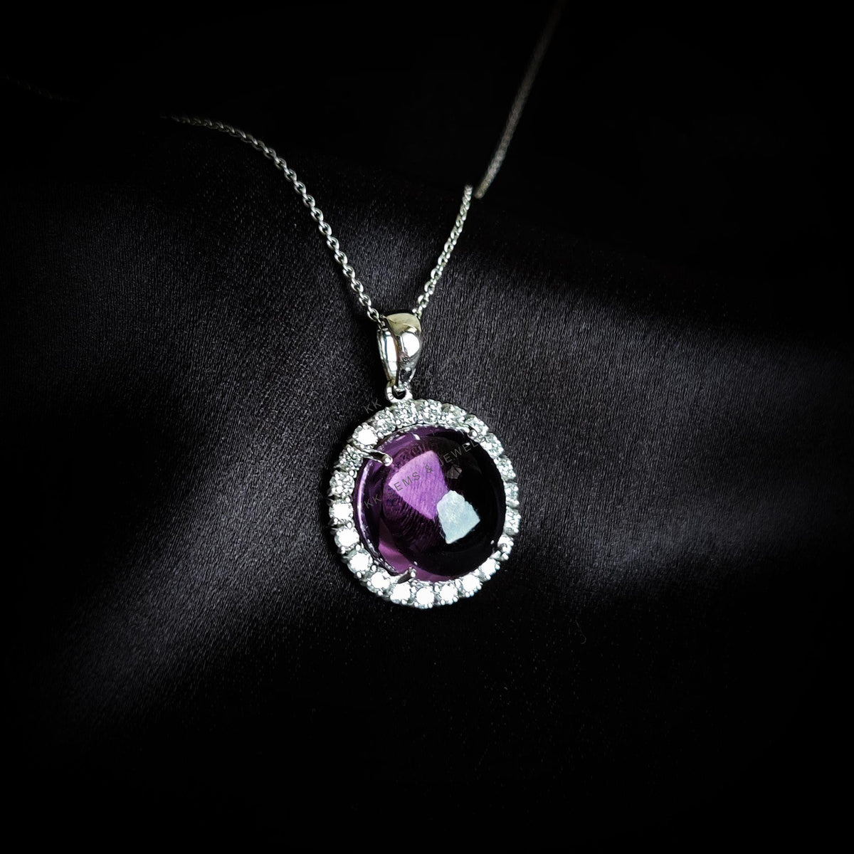 Natural Purple Amethyst and Lab Grown Diamond Halo Pendant, 14K Solid White Gold, February Birthstone