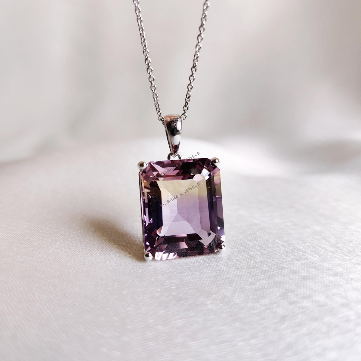 Natural Ametrine Pendant, 14K Solid White Gold Bezel, Octagon Gemstone