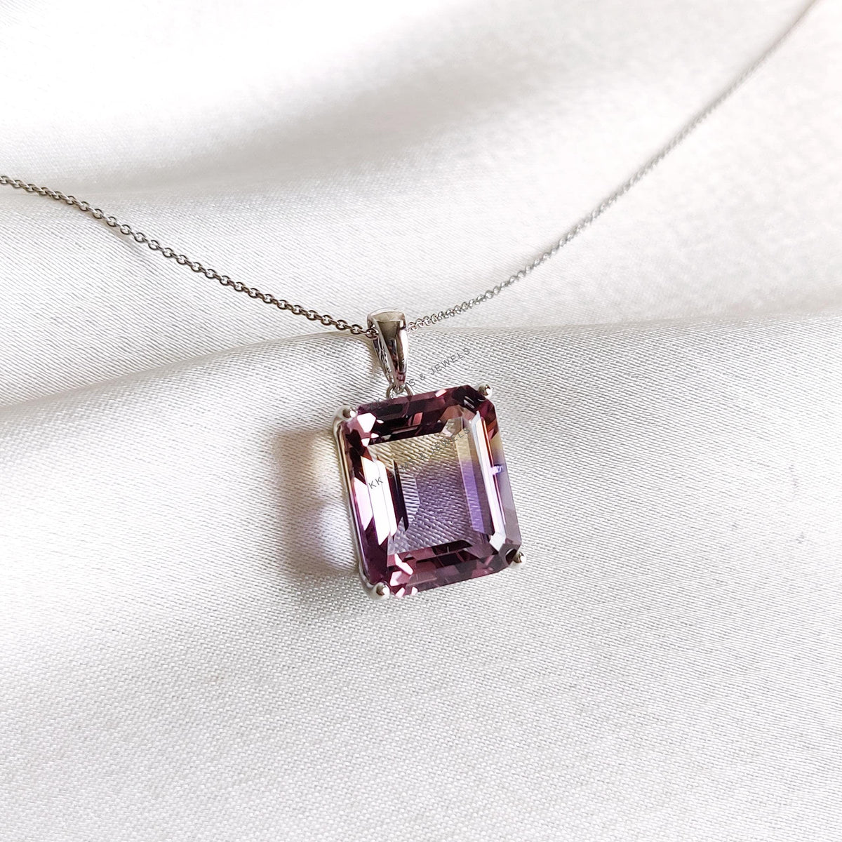 Natural Ametrine Pendant, 14K Solid White Gold Bezel, Octagon Gemstone