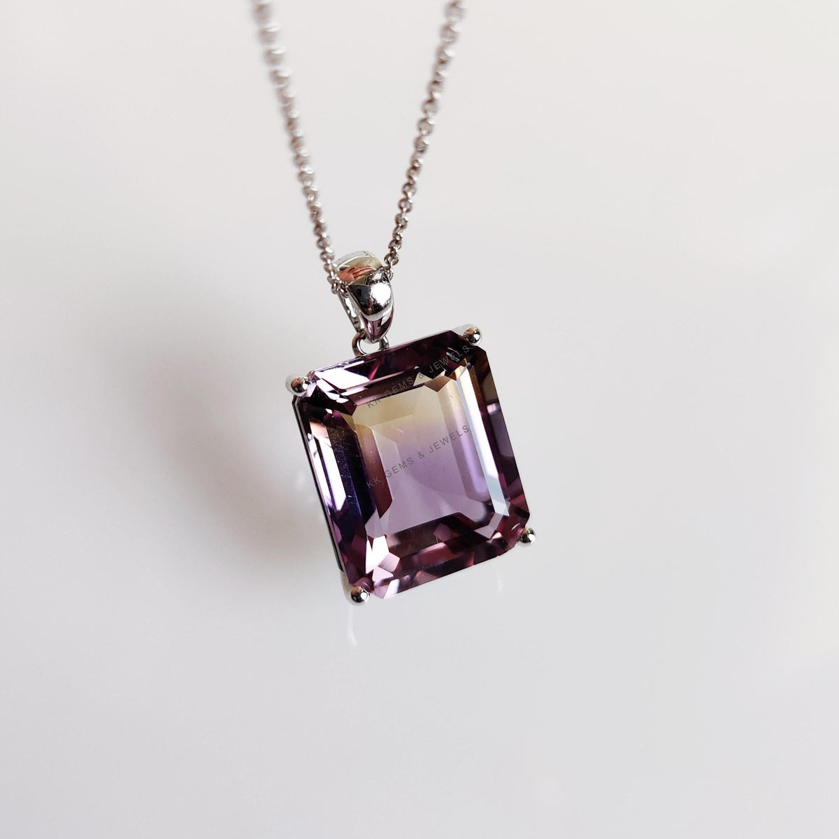 Natural Ametrine Pendant, 14K Solid White Gold Bezel, Octagon Gemstone
