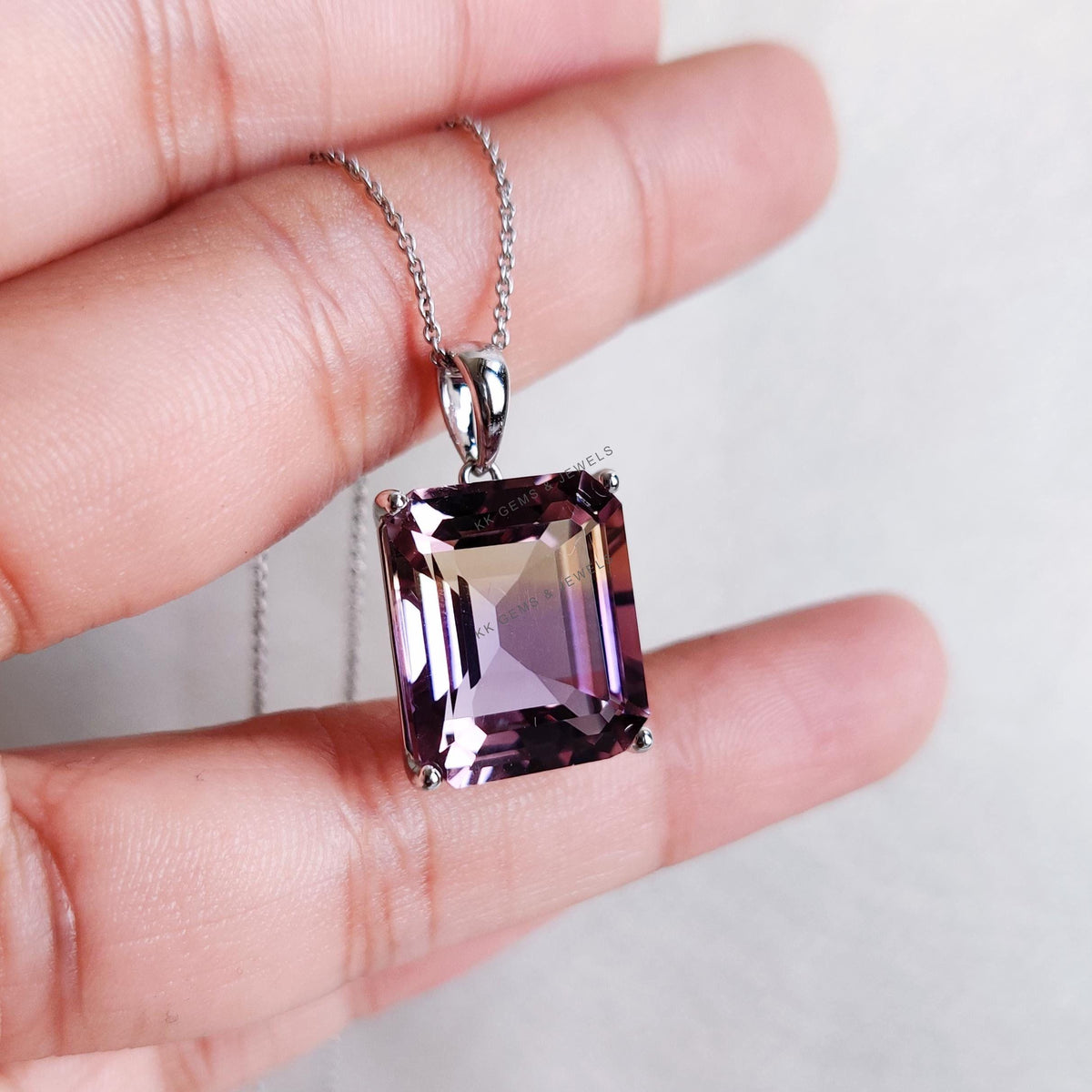 Natural Ametrine Pendant, 14K Solid White Gold Bezel, Octagon Gemstone
