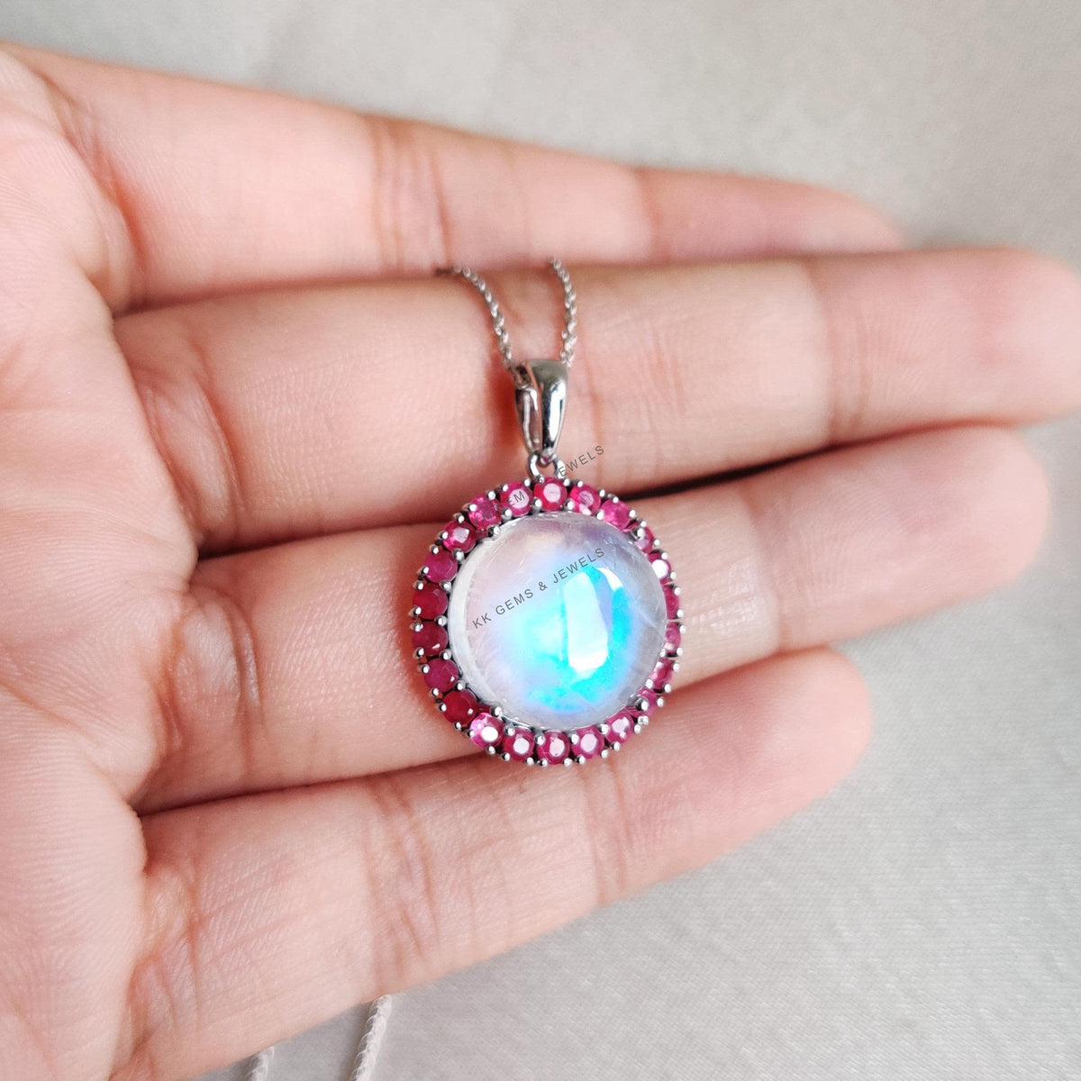 Natural Rainbow Moonstone & Ruby Pendant, 14K Solid White Gold Halo Jewelry