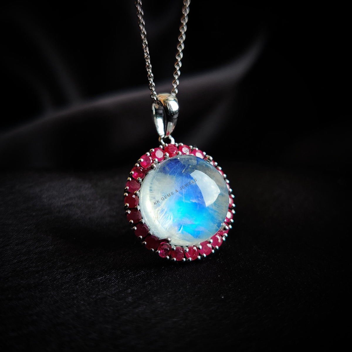 Natural Rainbow Moonstone & Ruby Pendant, 14K Solid White Gold Halo Jewelry