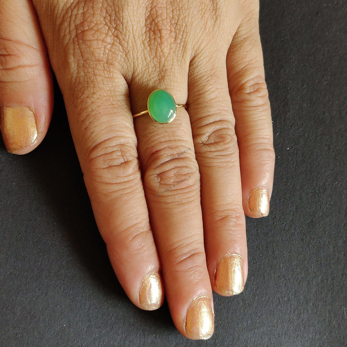 Natural Chrysoprase Ring: 14K Solid Yellow Gold Bezel Ring, May Birthstone