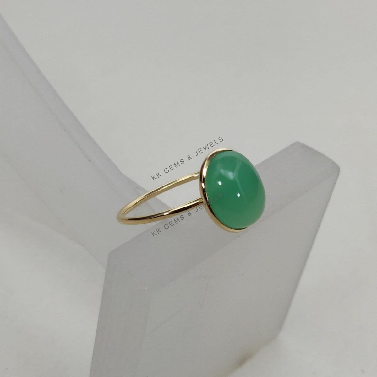 Natural Chrysoprase Ring: 14K Solid Yellow Gold Bezel Ring, May Birthstone
