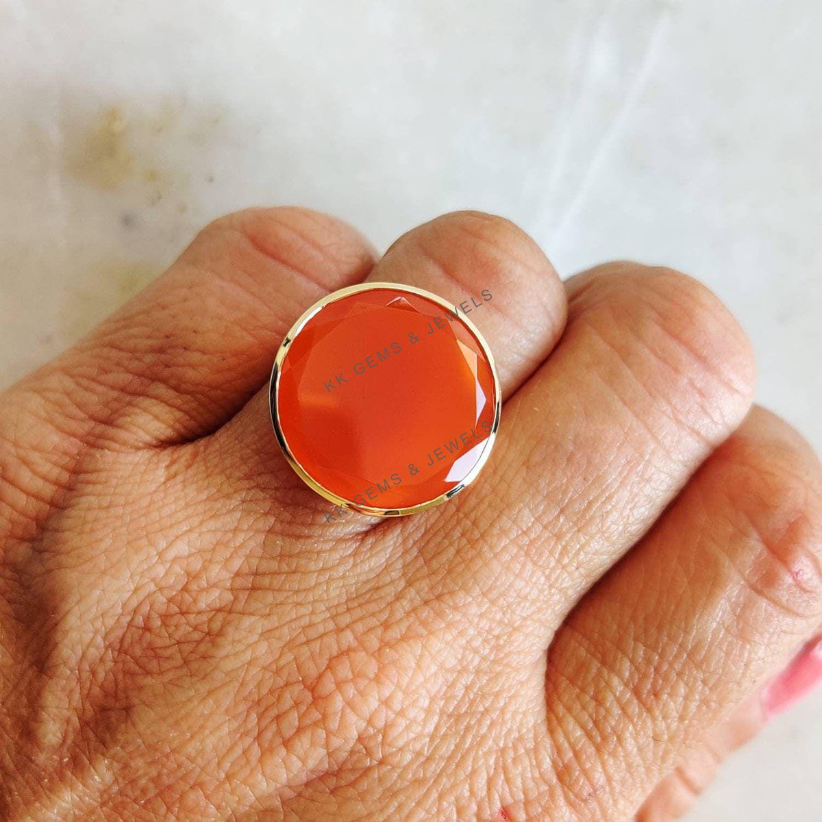 14K Solid Yellow Gold Natural Red Onyx Ring, July Birthstone