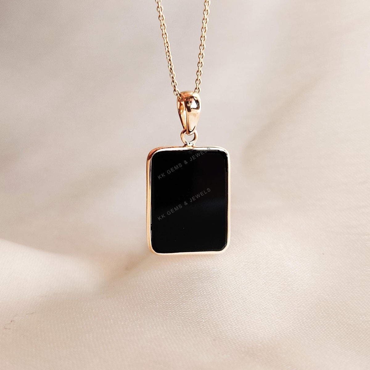 14K Solid Yellow Gold Natural Black Onyx Pendant, Rectangle Bezel