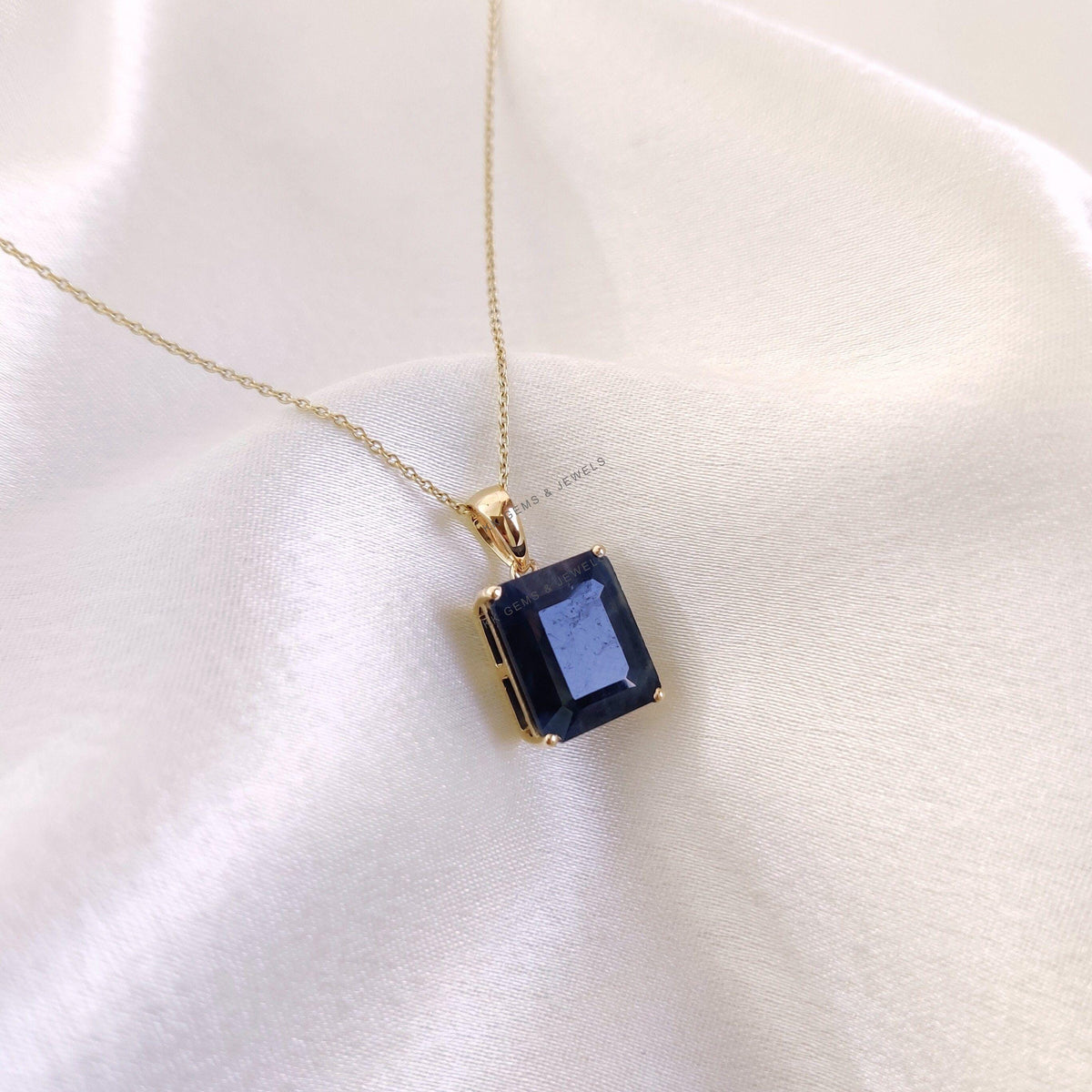 14K Solid Yellow Gold Natural Blue Sapphire Pendant, Octagon Gemstone, September Birthstone