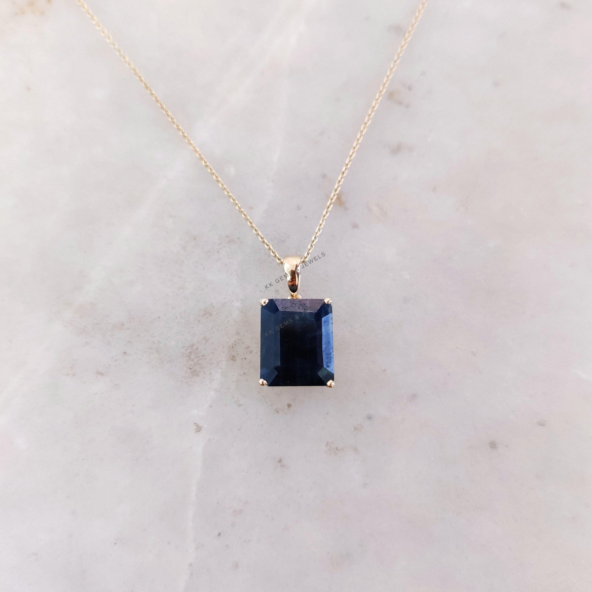 14K Solid Yellow Gold Natural Blue Sapphire Pendant, Octagon Gemstone, September Birthstone
