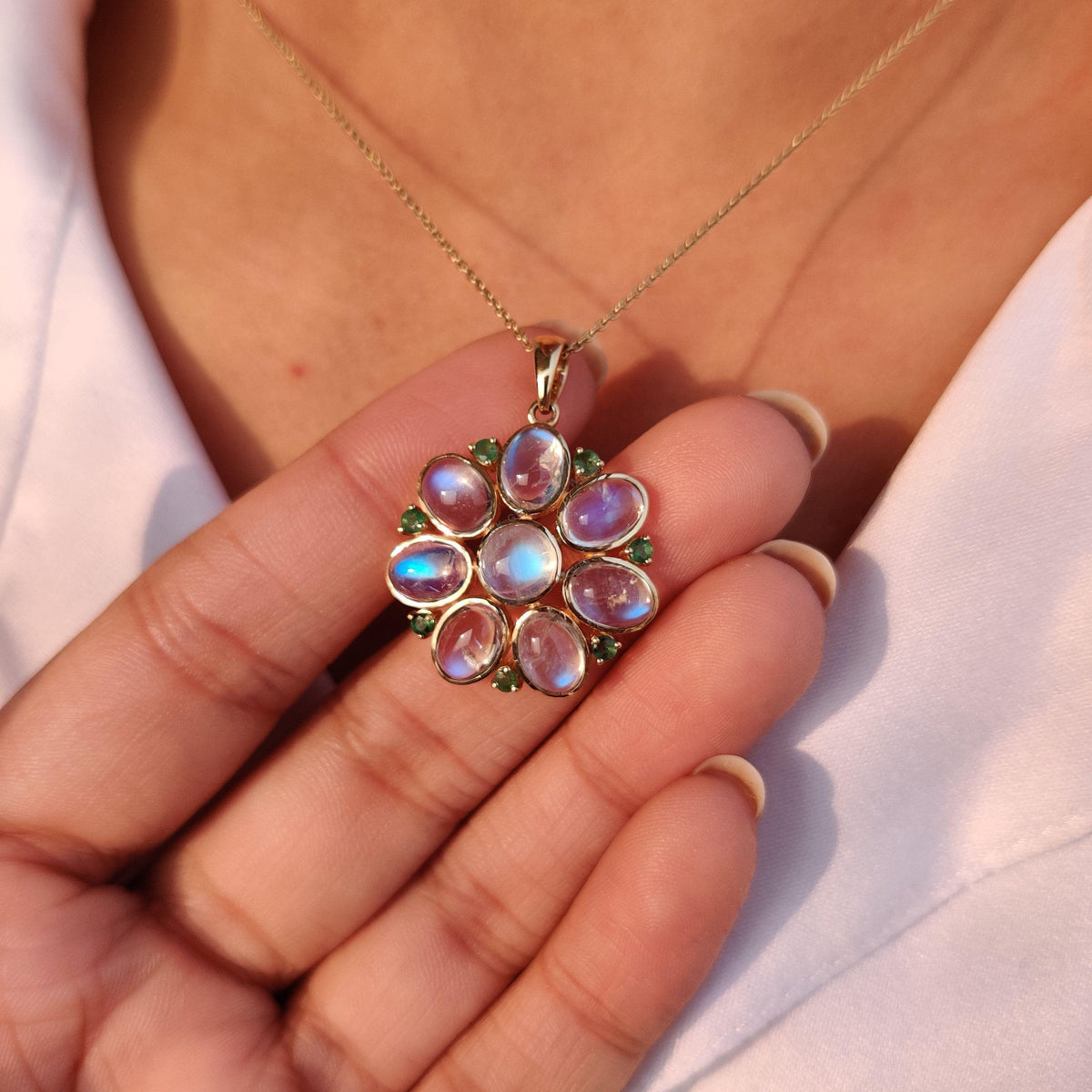 Natural Rainbow Moonstone & Emerald Flower Pendant, 14K Solid Yellow Gold, Christmas Gift