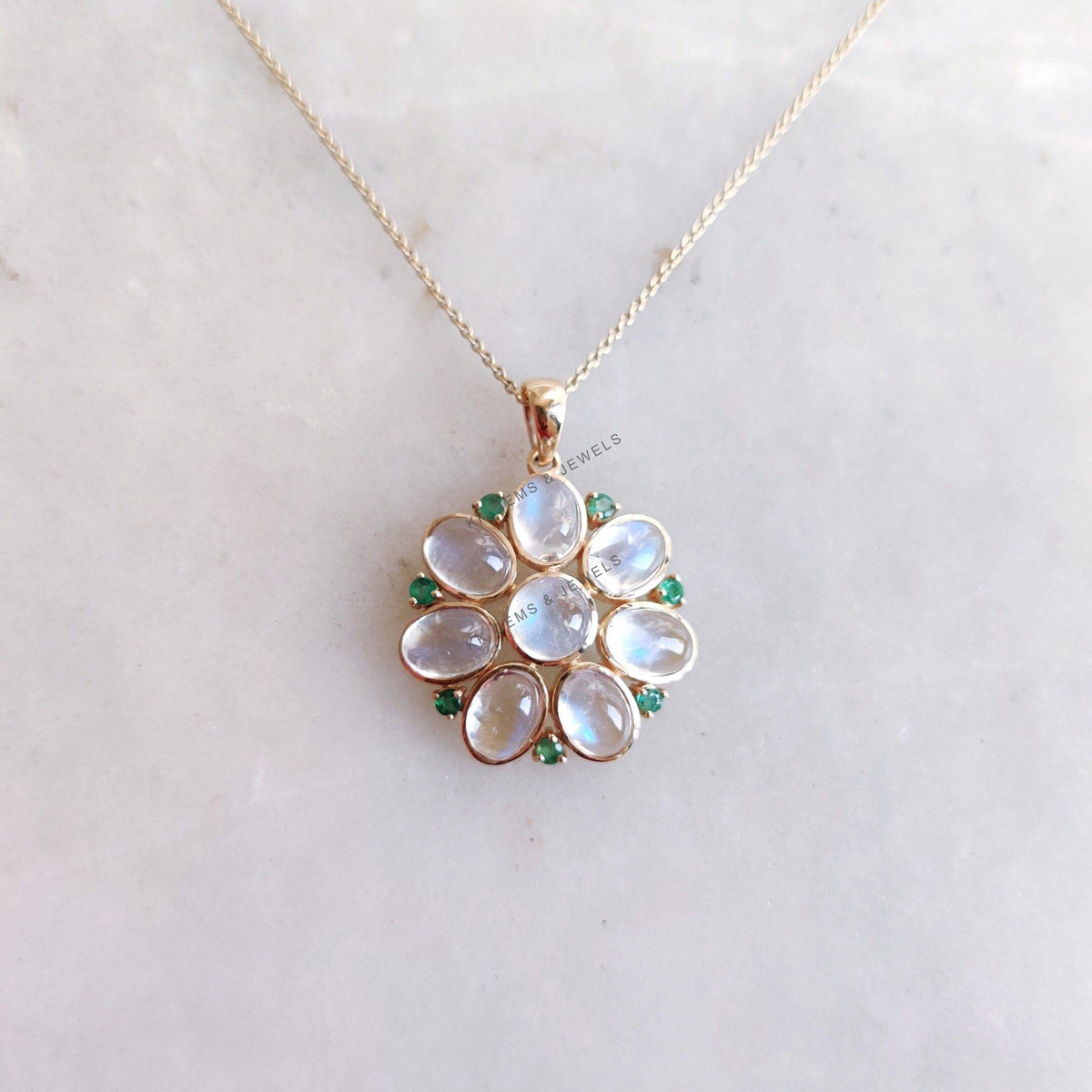 Natural Rainbow Moonstone & Emerald Flower Pendant, 14K Solid Yellow Gold, Christmas Gift