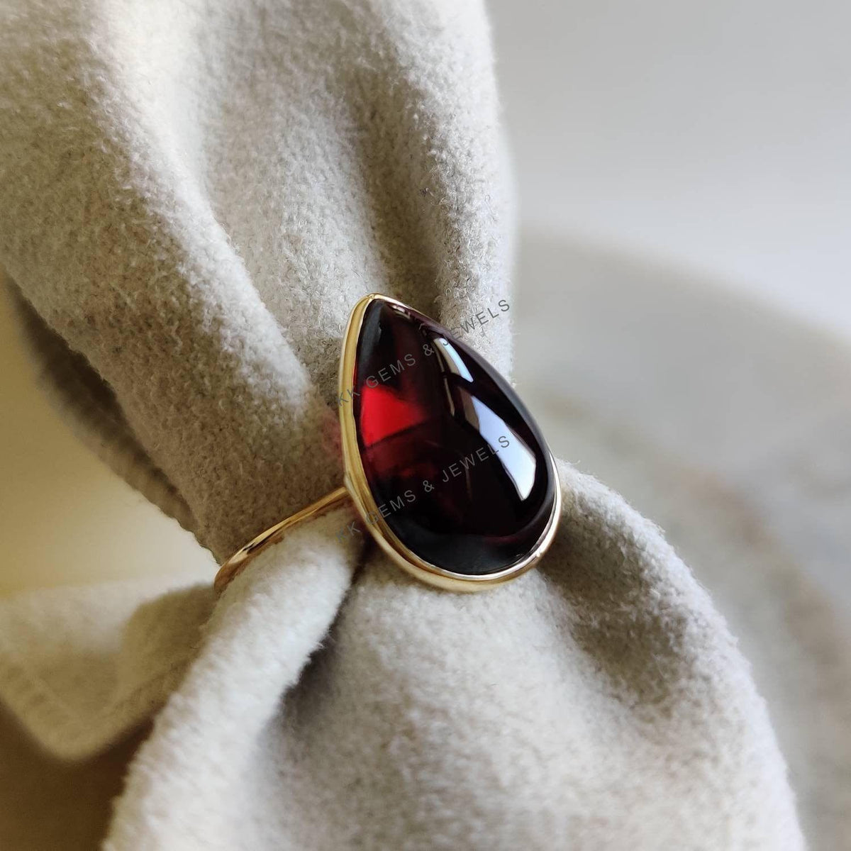 14K Solid Yellow Gold Natural Garnet Ring, Pear Cabochon Bezel, January Birthstone
