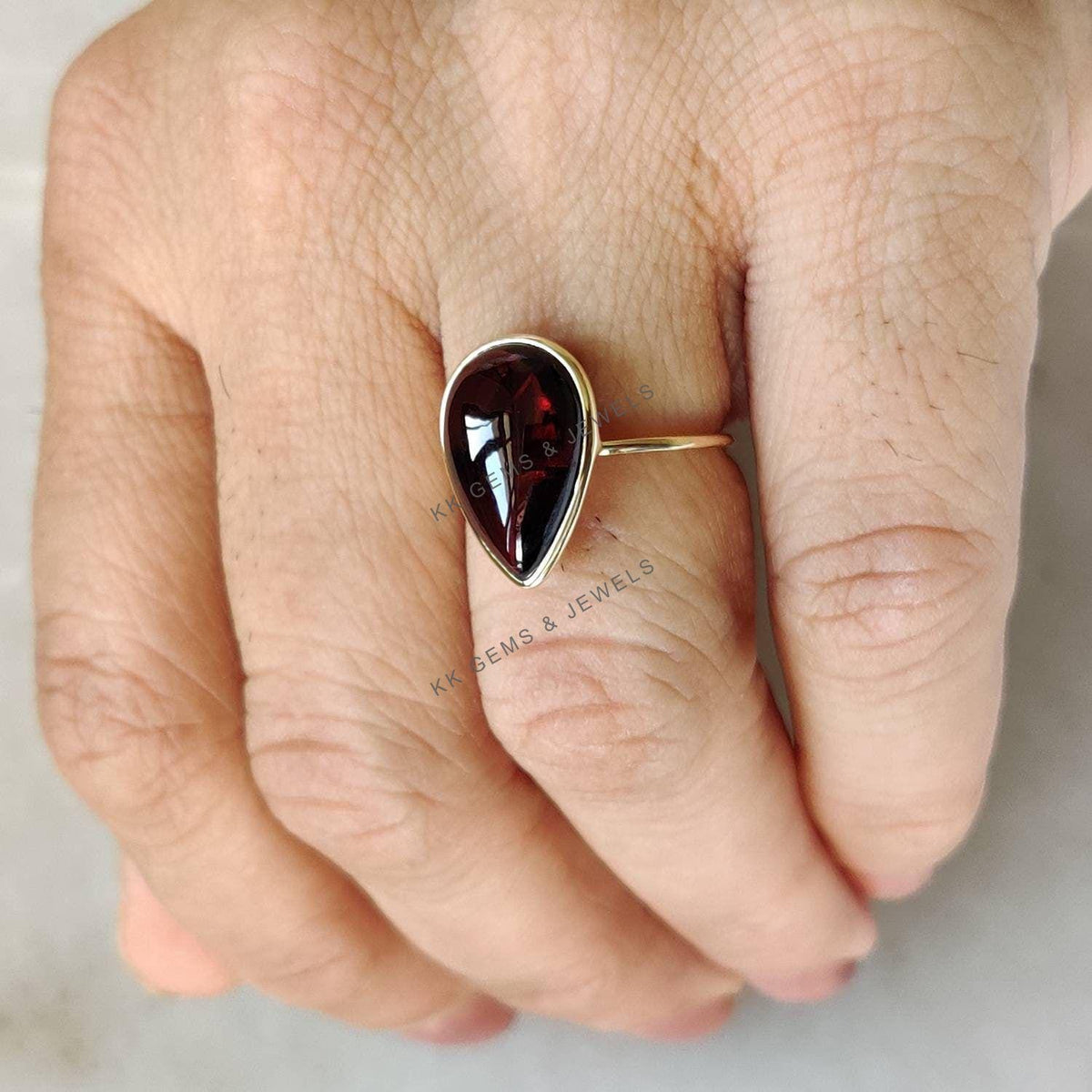 14K Solid Yellow Gold Natural Garnet Ring, Pear Cabochon Bezel, January Birthstone