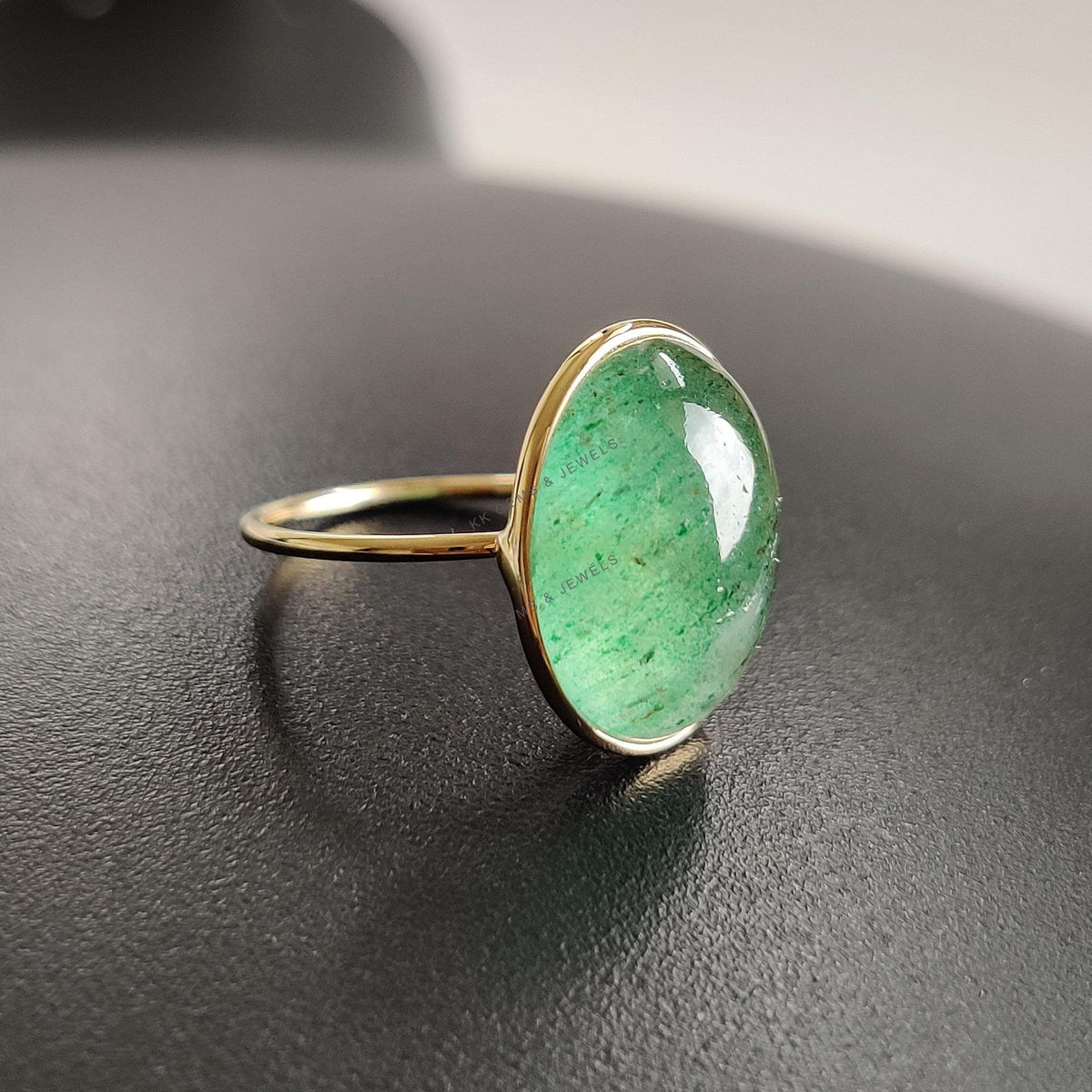 Natural Oval Green Aventurine Ring, 14K Solid Yellow Gold, August Birthstone