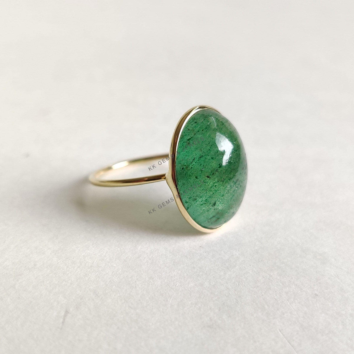 Natural Oval Green Aventurine Ring, 14K Solid Yellow Gold, August Birthstone
