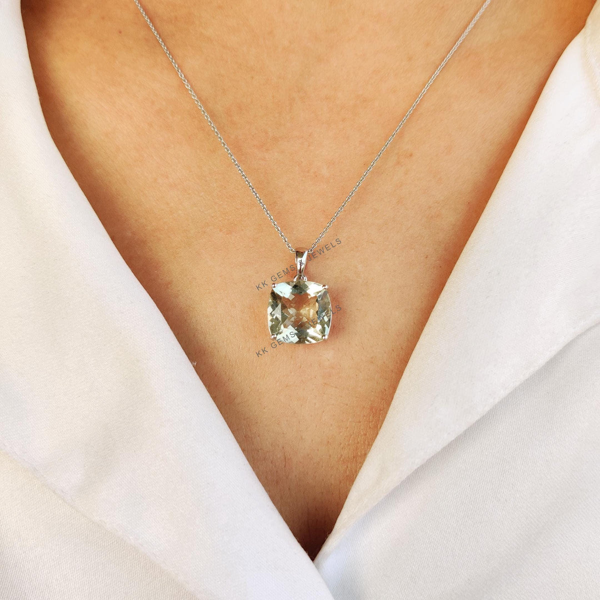 Cushion Cut Natural Green Amethyst Pendant, 14K Solid White Gold, February Birthstone