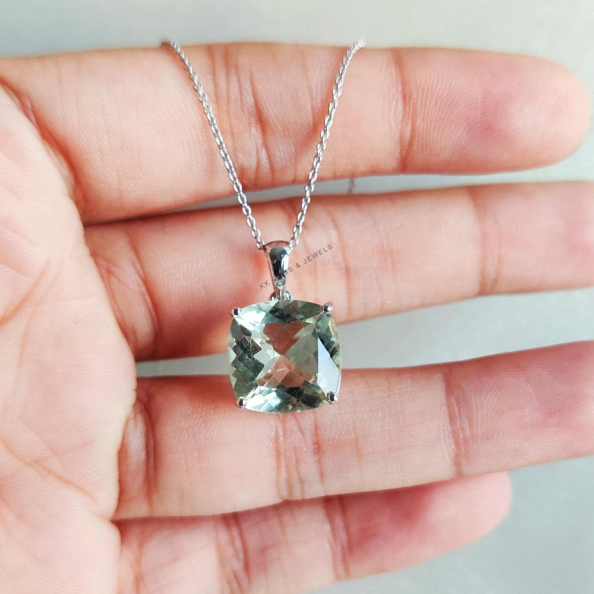 Cushion Cut Natural Green Amethyst Pendant, 14K Solid White Gold, February Birthstone