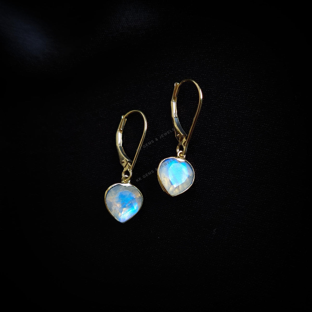 14K Solid Yellow Gold Natural Rainbow Moonstone Heart Earrings, June Birthstone, Valentine Gift