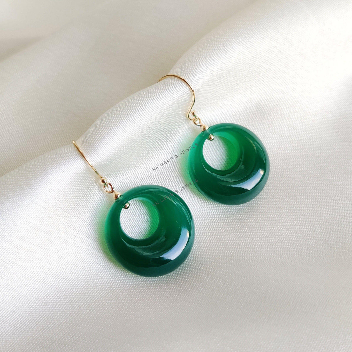 14K Solid Gold Natural Green Onyx Donut Drill Earrings, May Birthstone