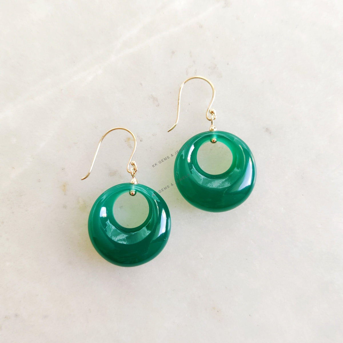 14K Solid Gold Natural Green Onyx Donut Drill Earrings, May Birthstone