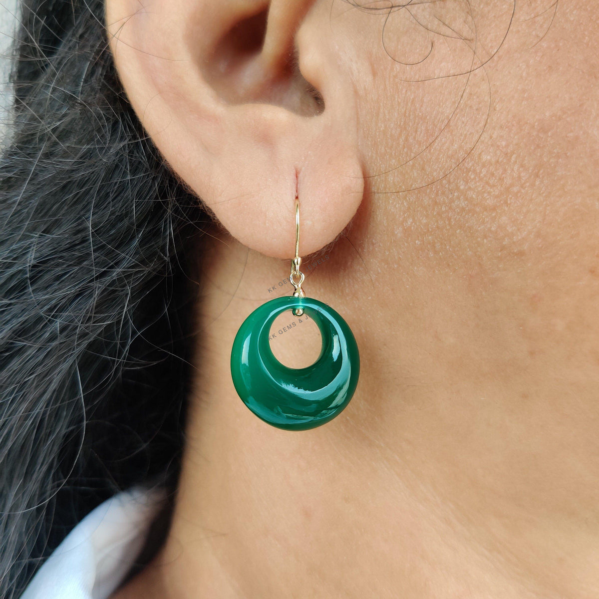 14K Solid Gold Natural Green Onyx Donut Drill Earrings, May Birthstone
