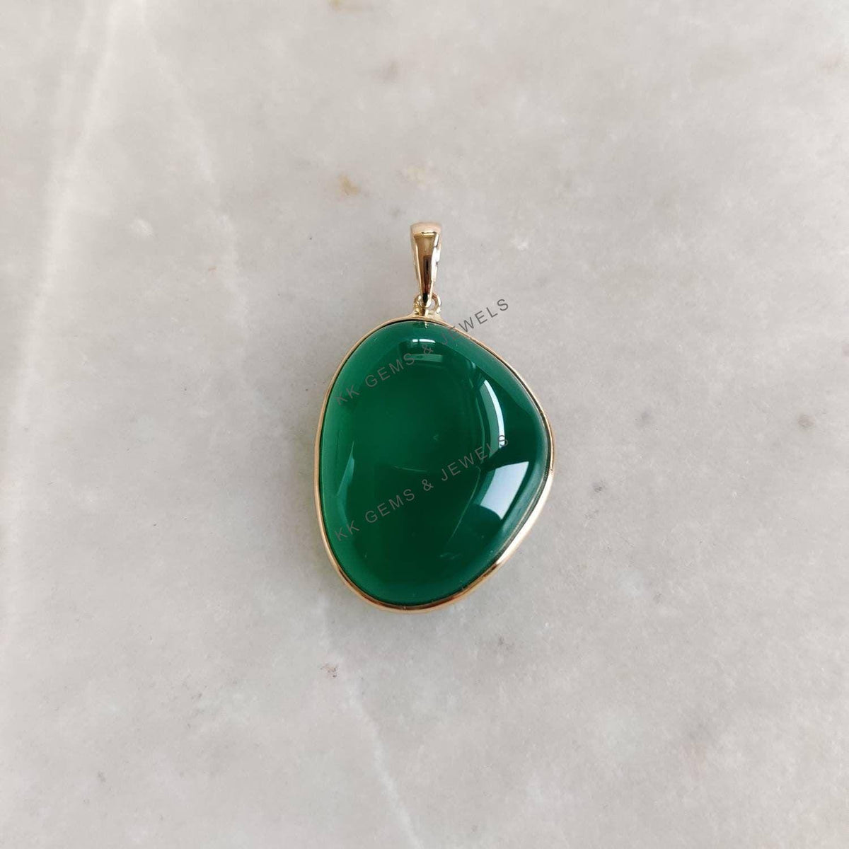 14K Solid Yellow Gold Natural Green Onyx Bezel Fancy Pendant, May Birthstone