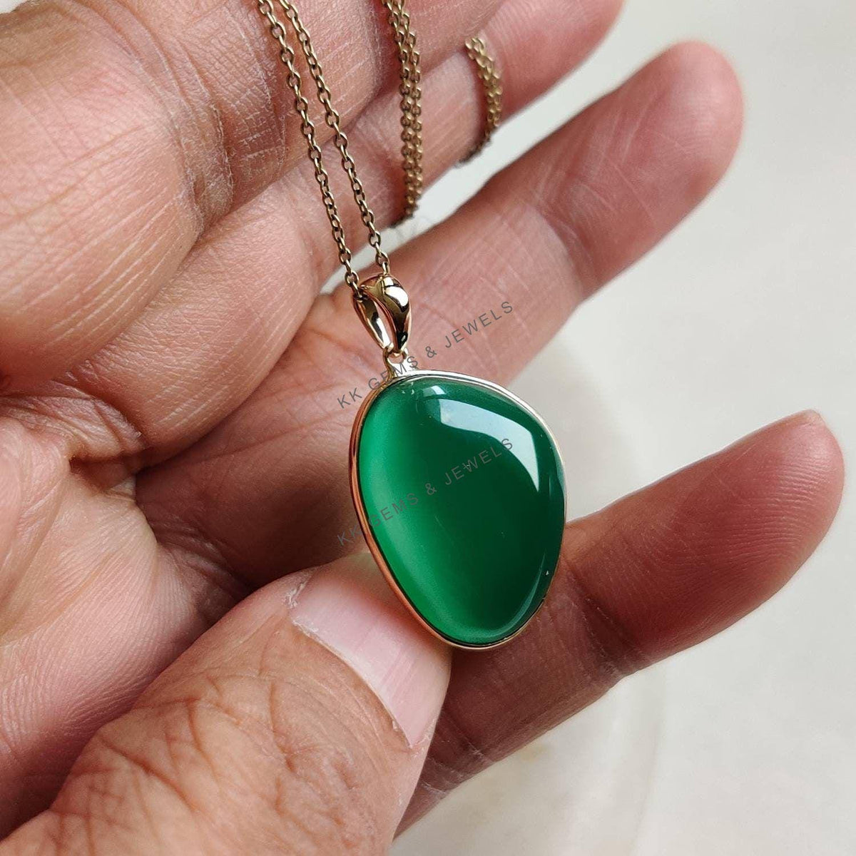 14K Solid Yellow Gold Natural Green Onyx Bezel Fancy Pendant, May Birthstone