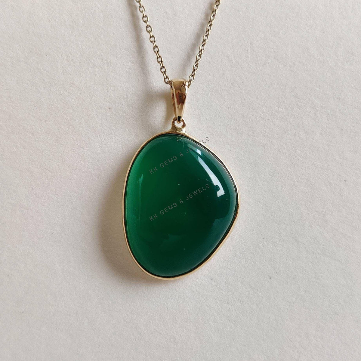 14K Solid Yellow Gold Natural Green Onyx Bezel Fancy Pendant, May Birthstone