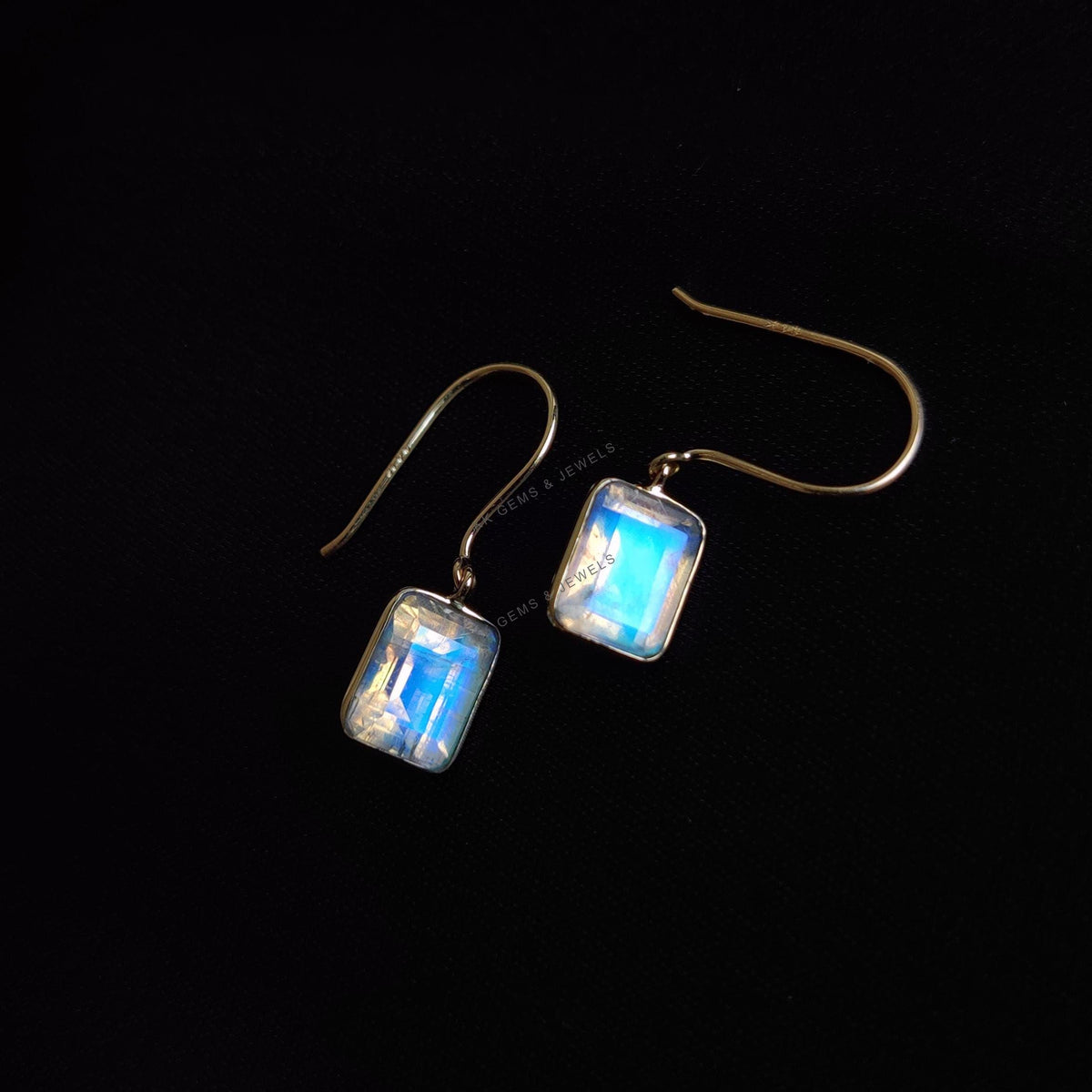 Natural Rainbow Moonstone Earrings, 14K Solid Yellow Gold Bezel Set, June Birthstone