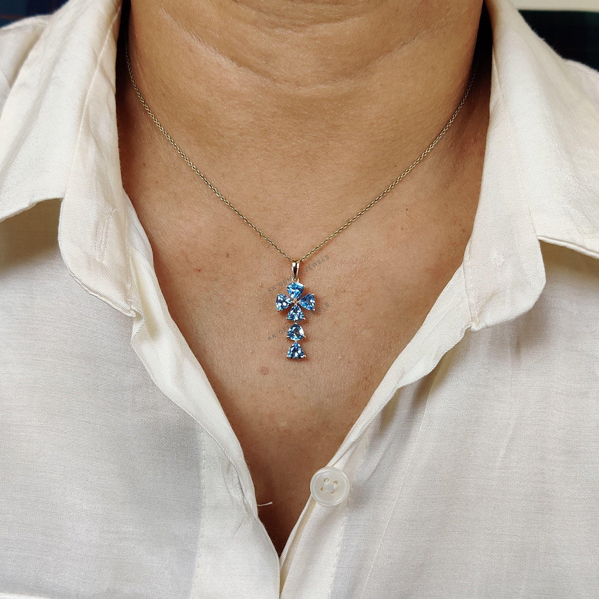 Natural Sky Blue Topaz Cross Pendant, 14K Solid Yellow Gold, December Birthstone Christmas Gift