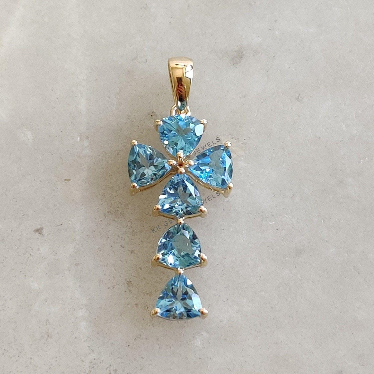Natural Sky Blue Topaz Cross Pendant, 14K Solid Yellow Gold, December Birthstone Christmas Gift