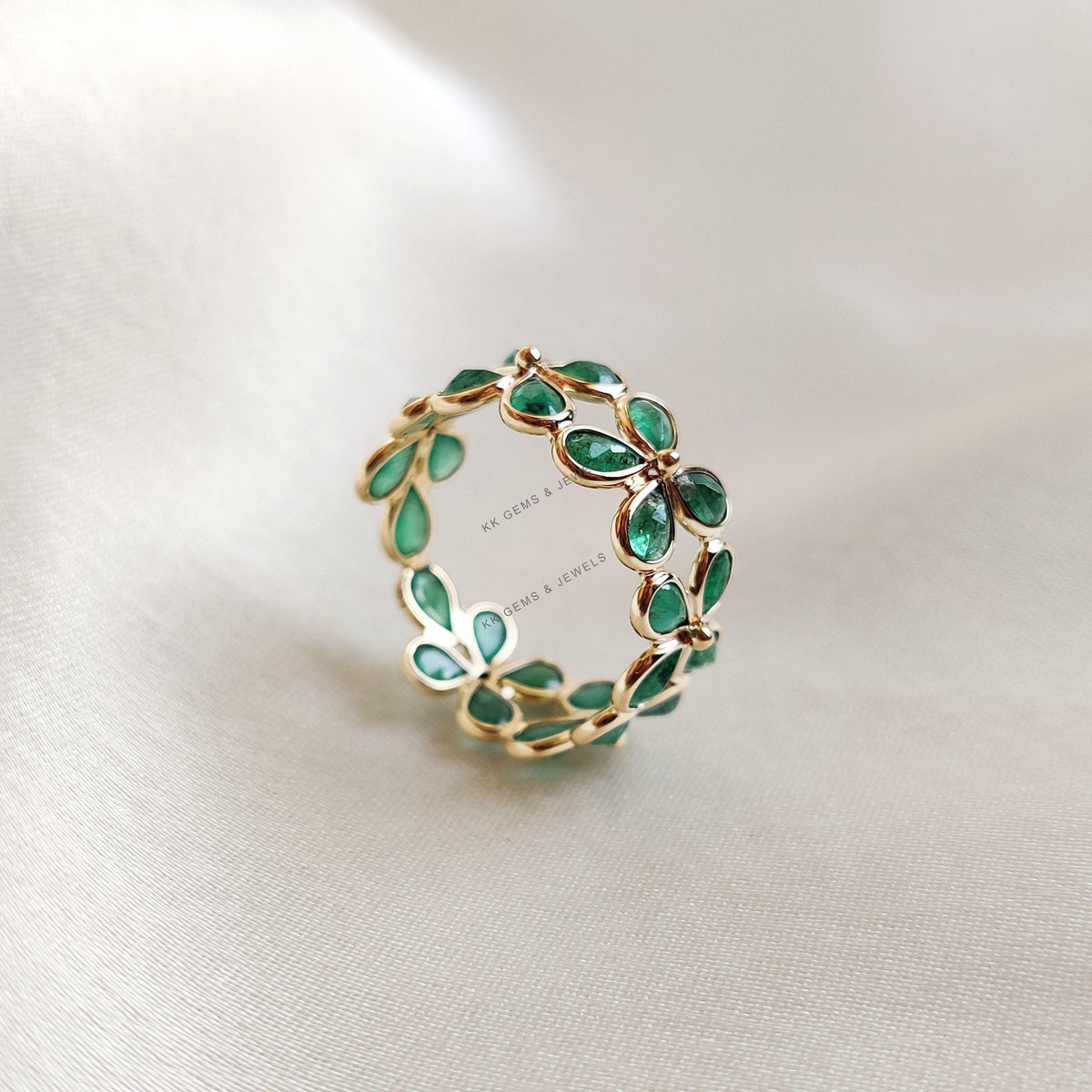Natural Emerald Ring, 14K Solid Yellow Gold Floral Infinity Band