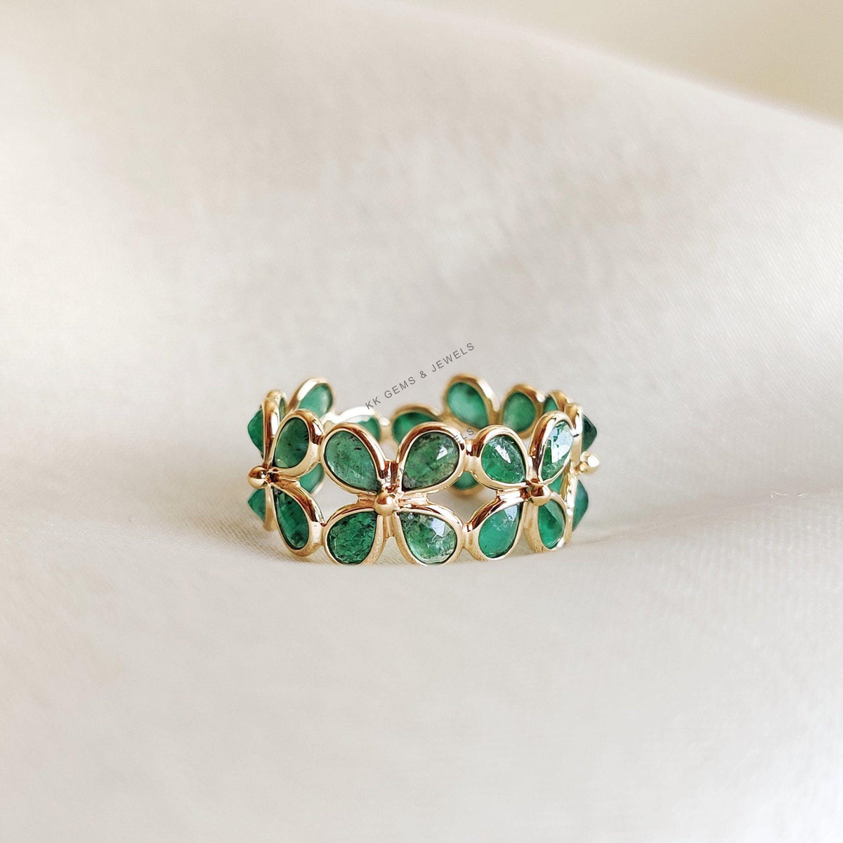 Natural Emerald Ring, 14K Solid Yellow Gold Floral Infinity Band