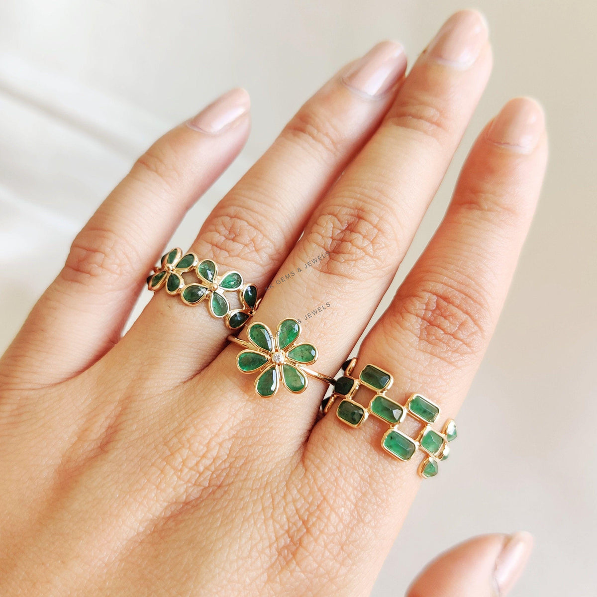 Natural Emerald Ring, 14K Solid Yellow Gold Floral Infinity Band