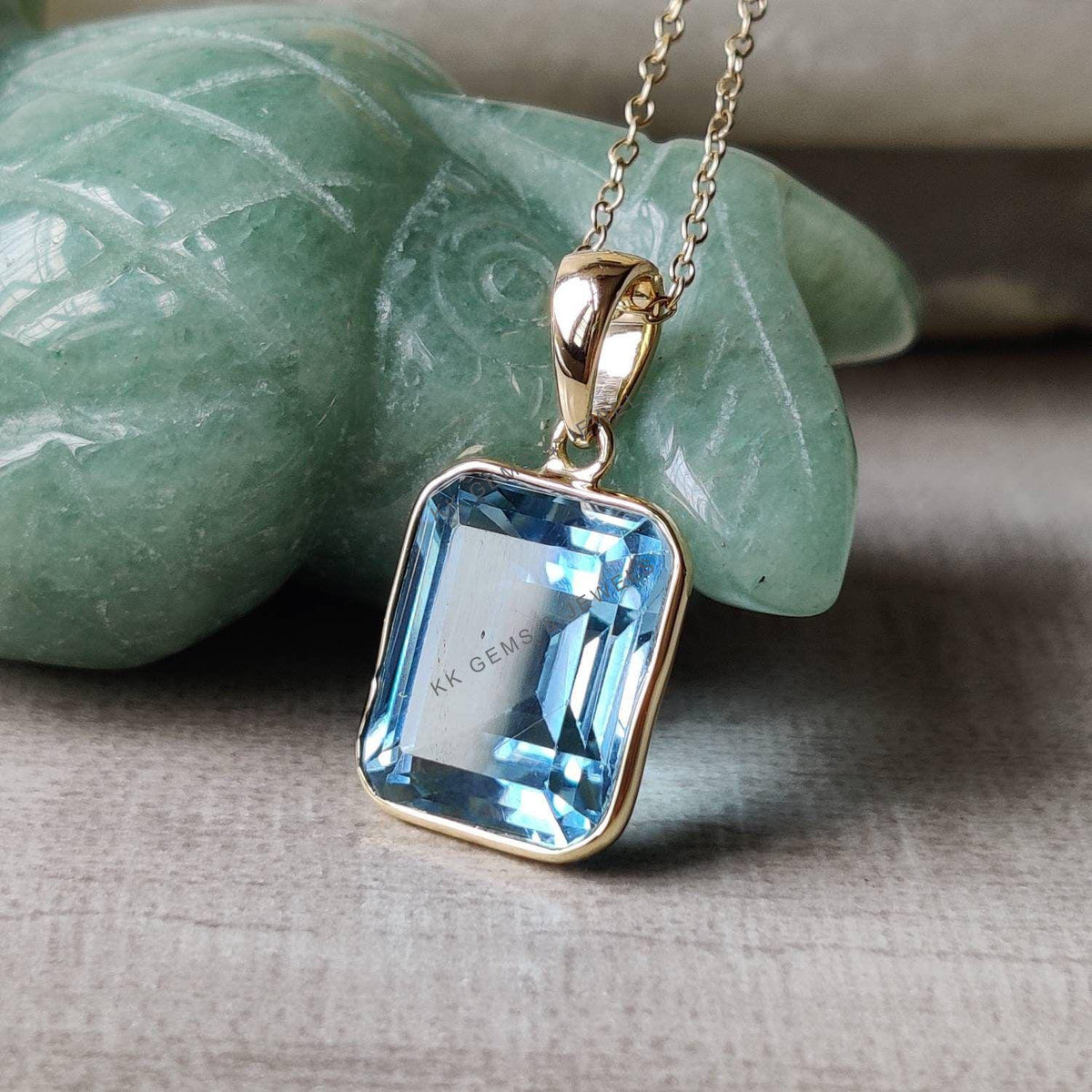14K Solid Gold Natural Sky Blue Topaz Pendant, December Birthstone