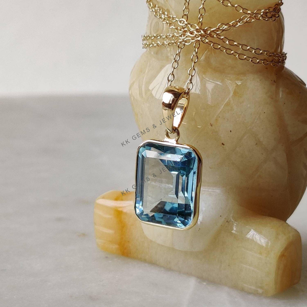 14K Solid Gold Natural Sky Blue Topaz Pendant, December Birthstone