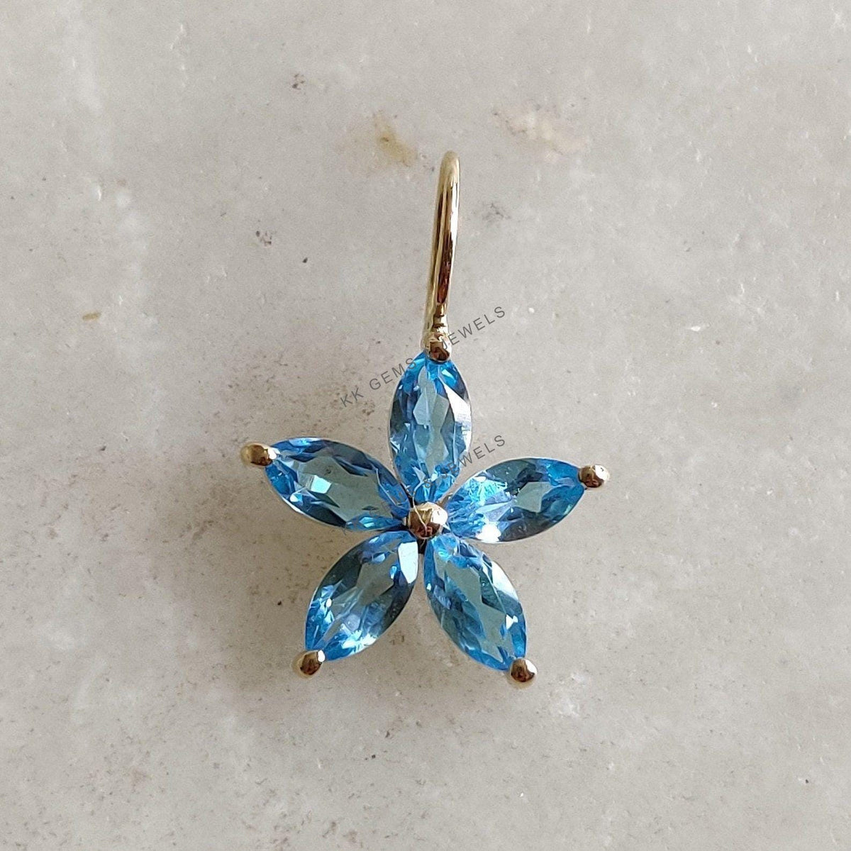 Natural Sky Blue Topaz Flower Pendant, 14K Solid Yellow Gold Charm, December Birthstone