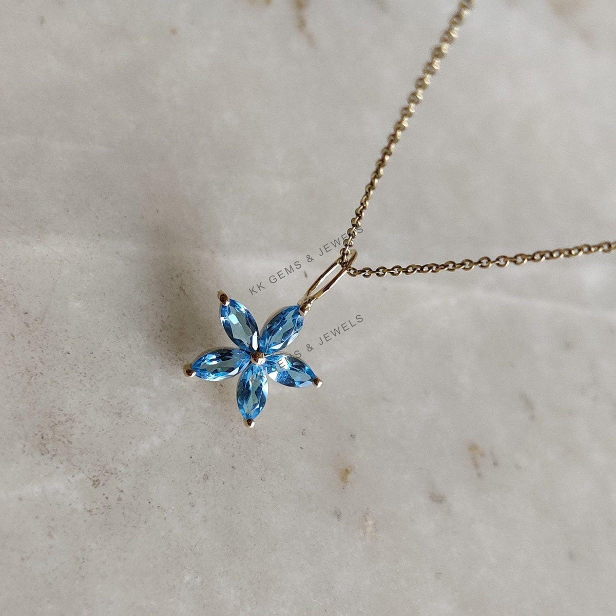 Natural Sky Blue Topaz Flower Pendant, 14K Solid Yellow Gold Charm, December Birthstone